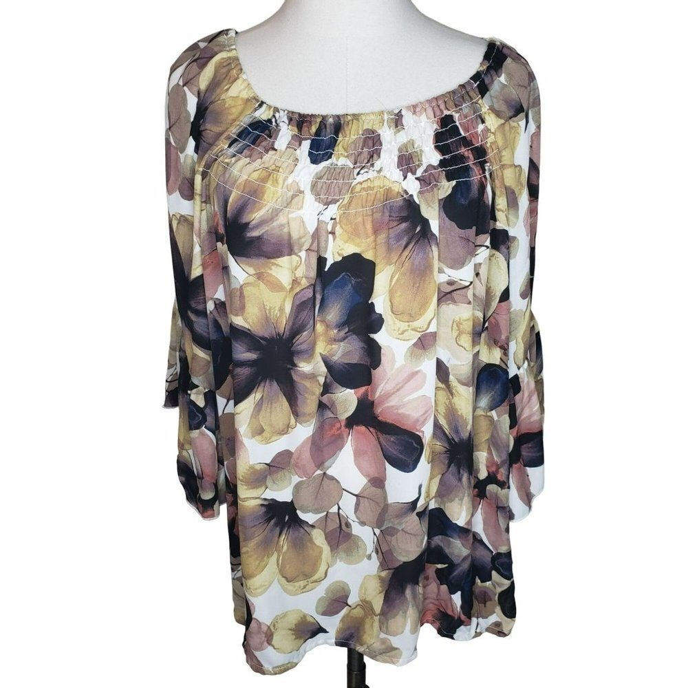 𝅺SPENSE Water Color Floral Blouse XL Bell Sleeves Flounce Flowy Boho Casual